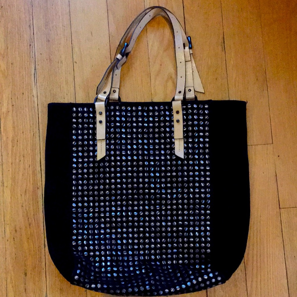 Kelsi Dagger Brooklyn Leather Tote Bag Studded Purse Satchel Silver Metal Rare